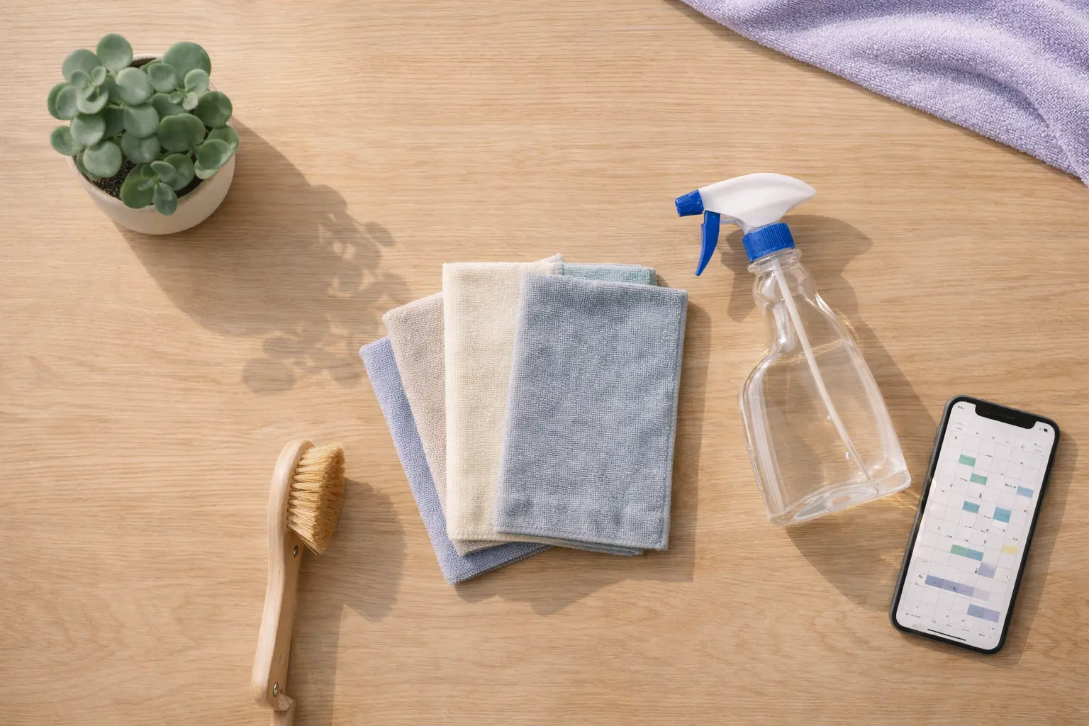 Eco-schoonmaakmaterialen, microvezeldoeken en een plant in een minimalistische flat-lay